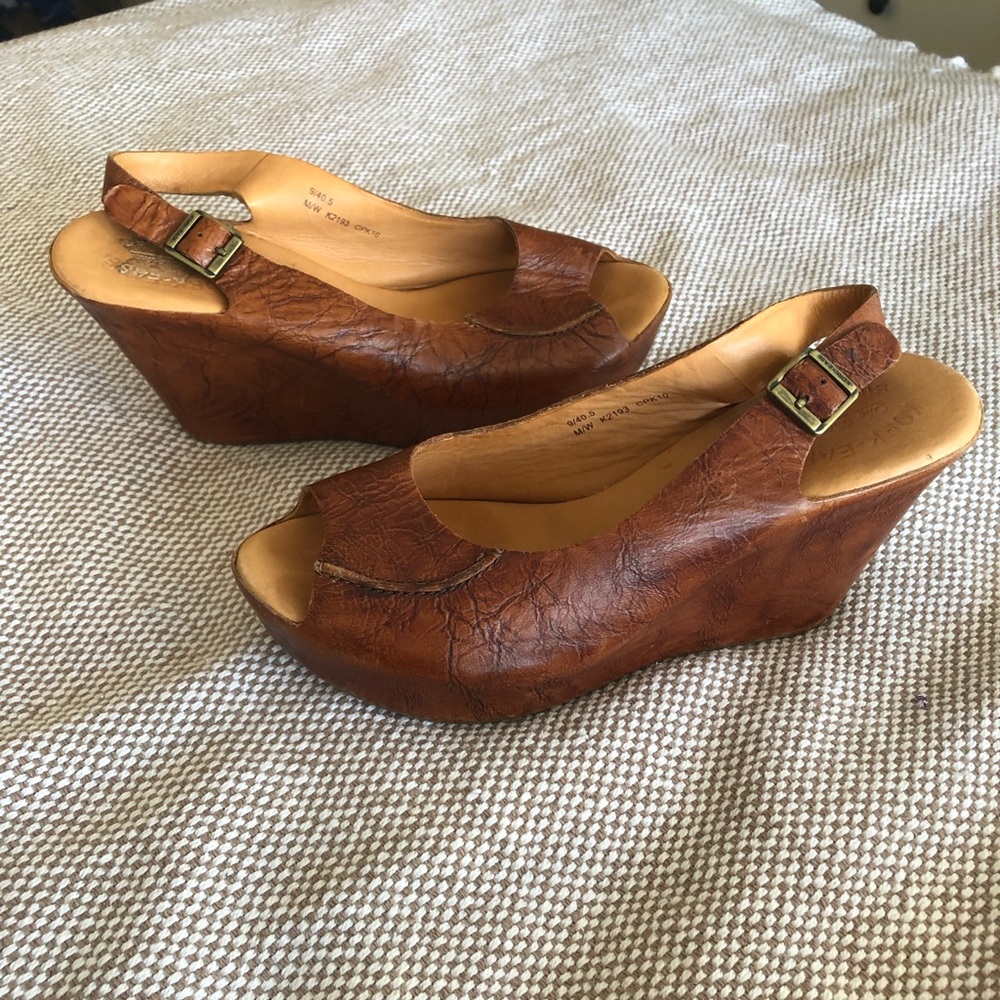 Korkease leather peep toe wedges